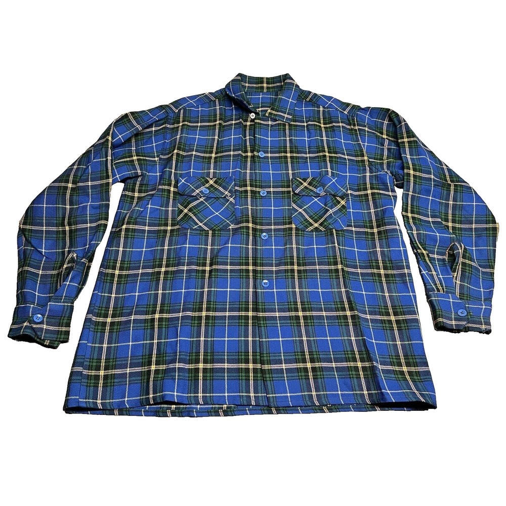 Vintage Plaid Rockabilly Board Shirt Loop Collar Double Flap Pockets Men's